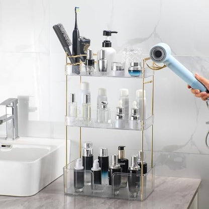 Akinbas 3 Tier Bathroom Organizer Countertop Makeup Perfume Tray Skincare Organizer Comes with Hair Dryer Rack and Toothbrush Holder for Bathroom Dresser Vanity (White)
