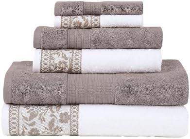 Modern Threads Allie 6-Piece 100% Cotton Towel Set – Jacquard Floral Border – Includes 2 Bath Towels, 2 Hand Towels, 2 Washcloths – Absorbent, Quick Dry, Soft & Durable – Taupe