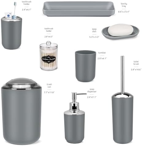 IMAVO Bathroom Accessories Set,Grey Bathroom Set,9 Pieces Bathroom Accessory Set,Tray,Qtip Holders,Toilet Brush,Trash Can for Bathroom Décor and Home Gifts