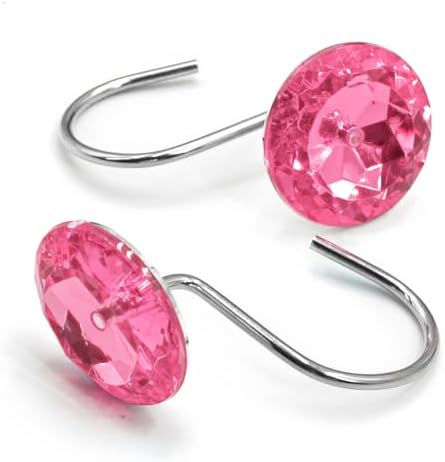 Crystal Diamond Round Shower Curtain Hooks Rings for Bathroom,Pink,12PCS