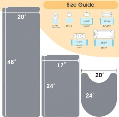 ACCUMTEK Non Slip Bath Mat, Thin Bathroom Rugs Fit Under Door, Quick Dry Bath Mats, Machine Washable Bath Rugs for Bathroom, Bathtub & Kitchen, Bathtub & Kitchen, Grey/Solid/3 Piece