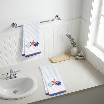 Ritz 2-Piece Cotton Velour Bathroom Hand Towel Set, Embroidered Seashell Trio Design, Light Blue Pinstripe Towels for Beach House, Lake Home, or Spa Decor, 16” x 26”