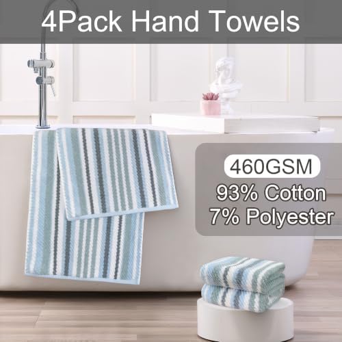 VOOVA & MOVAS Bath Hand Towels 4 Pack, Cotton Blend, 16x27 in, Blue Striped