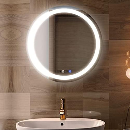 28 Inch Round LED Bathroom Mirror with 3 Color Modes, Touch Dimmer, Anti-Fog - Wall Mount Lighted Vanity Mirror for Makeup, Dressing Room - Fab Glass and Mirror