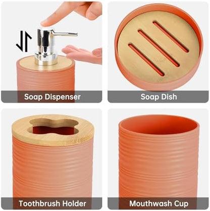 RRM 4 Piece Bamboo Bathroom Accessories Set, Boho Bathroom Decor, Orange