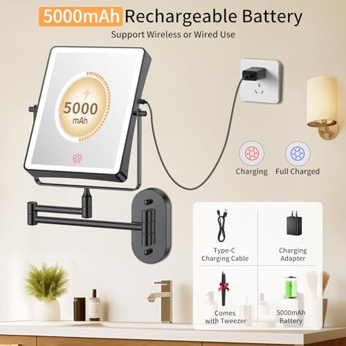 FUNTOUCH 5000mAh Rechargeable Wall Mounted Makeup Mirror with Lights