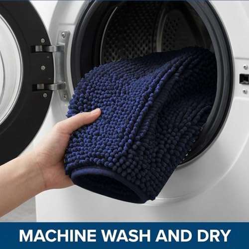 Bathroom Rugs Sets 2 Piece,Super Absorbent Chenille Bath Mats and U-Shaped Toilet Rug,Strong PVC Non Slip Backing,Microfiber Washable Dry Quickly Bath Mats for Bathroom(20"x32"+20"x20"U,Navy Blue)