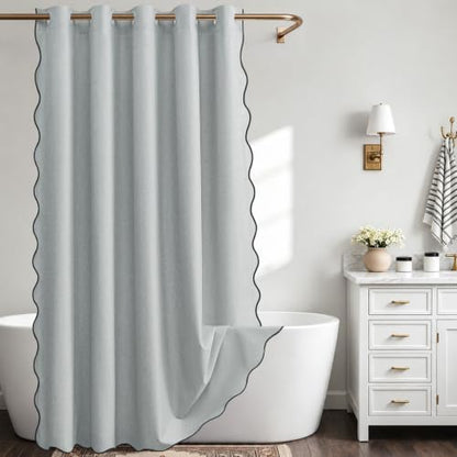 Furlinic No Hook Scalloped Shower Curtain Waterproof Linen 72x84 Dusty Blue