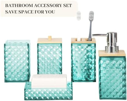 Bathroom Accessory Set, Grid Pattern 5 Pcs Plastic Bathroom Set, Teal