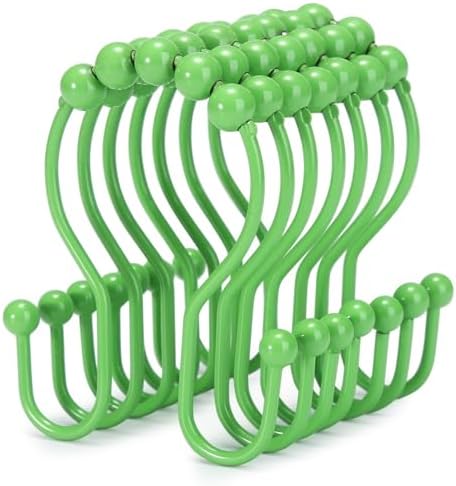Goowin Shower Curtain Hooks, 12 Pcs Shower Curtain Rings, Stainless Steel Shower Curtain Hangers, Double Hook Shower Curtain Hooks, Smooth Sliding Anti-Drop Shower Rings for Curtain (Green)
