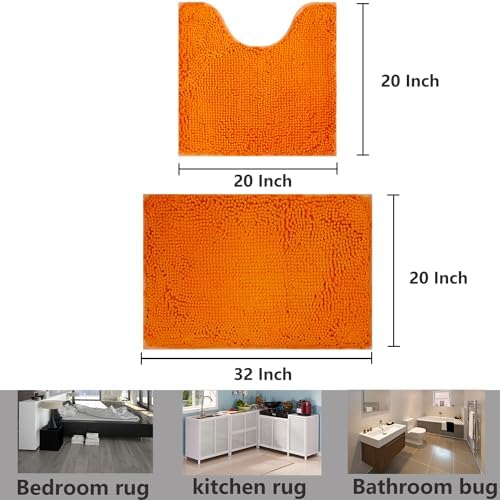 Bathroom Rugs Chenille, Extra Thick and Absorbent, Non-Slip, Machine Washable, Dry Quckily, Soft Cozy Plush, Used Under Shower Bathtub and Sink, Bath mat Sets Orange