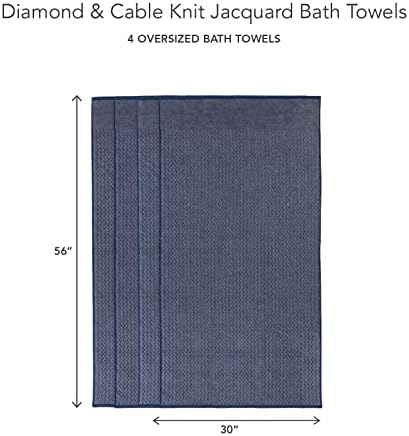Texere 100% Organic Cotton Jacquard 650 GSM Premium Bath Towel Sets - Extra Absorbent Quick Dry and Plush (Cable, Estate Blue, 4 Bath Towels)
