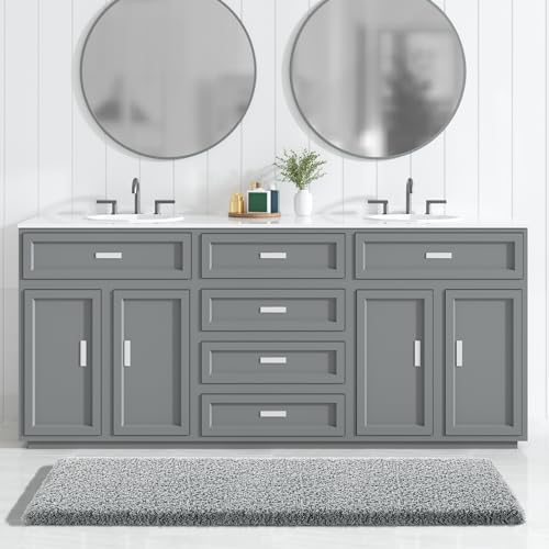 Yimobra Fluffy Plush Bath Rug, Super Shaggy Soft Comfortable Non Slip, Water Absorbent Microfiber Bath Mat, Dries Quickly, Machine Washable Thick Bathroom Rugs for Shower, 60" X 24", Pure Gray