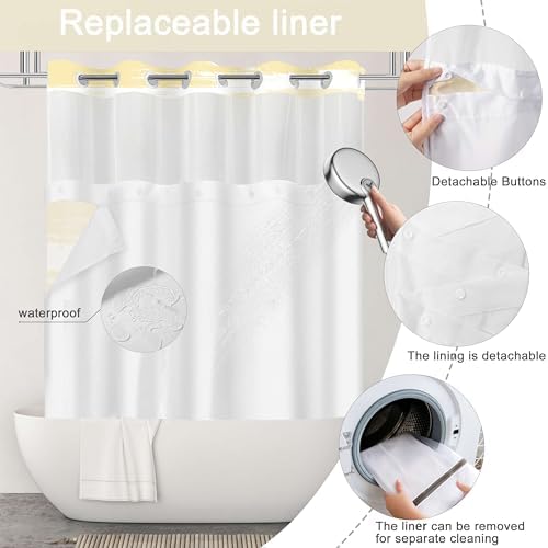 No Hook Shower Curtain with Liner, Yellow Stripe, 71x74 Inch