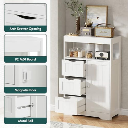 JUMMICO Bathroom Floor Cabinet, Wooden Free-Standing Storage Organizer with 1 Door and 3 Drawers, Bathroom Storage Cabinet for Living Room/Kitchen/Hallway/Home Office (Light White, 3 Drawers)