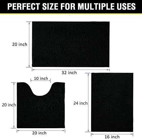 Black Bathroom Rug Chenille 3-Piece Extra Soft and Absorbent Shag Bathroom Rugs, Machine Wash Mat, Strong PVC Non-Slip Underside, Plush Carpet Mats (Black)