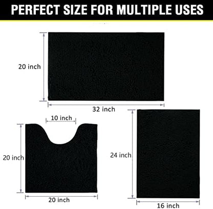 Black Bathroom Rug Chenille 3-Piece Extra Soft and Absorbent Shag Bathroom Rugs, Machine Wash Mat, Strong PVC Non-Slip Underside, Plush Carpet Mats (Black)