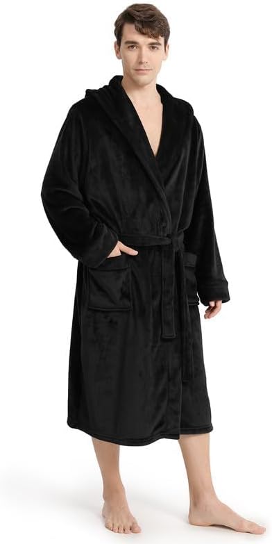 Yurhap Luxury Mens Robe with Hood, Ultra Cozy Fleece Bathrobe for Men, Plush Hooded Robe with Belt & 2 Pockets