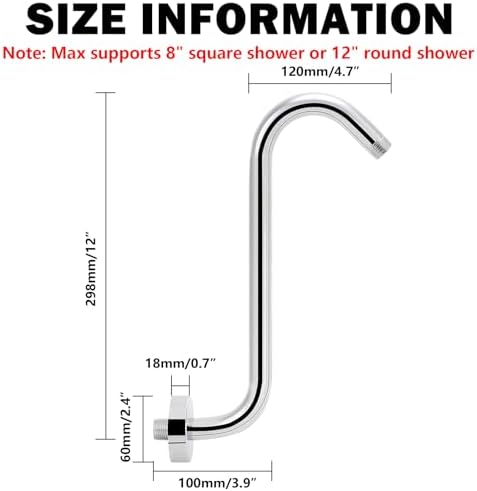 NearMoon S Shaped Shower Head Riser Arm, Shower Extender Arm with Flange, Standard 1/2" Connection- Bathroom Accessory (12 Inch, Chrome)