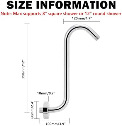 NearMoon S Shaped Shower Head Riser Arm, Shower Extender Arm with Flange, Standard 1/2" Connection- Bathroom Accessory (12 Inch, Chrome)