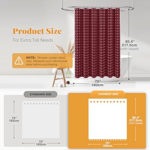 BTTN Long Boho Farmhouse Linen Heavy Duty Shower Curtain, 72x84, Burgundy