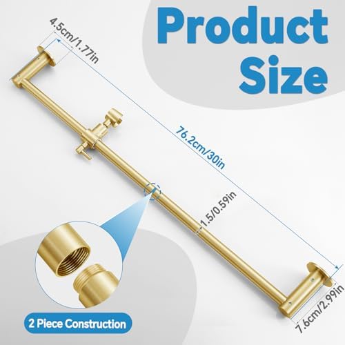 Shower Slide Bar Adjustable Handheld Shower Head Holder Wall Mount - 30inch All-Metal Shower Head Slide Bar Compatible with Bathroom Drill Free Glue Installation - Brushed Gold