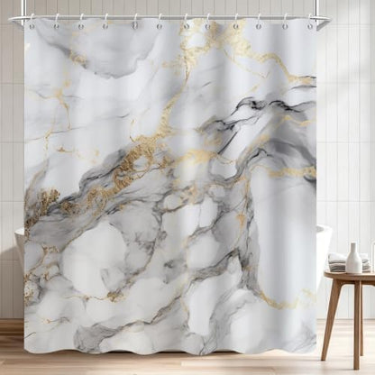 Grey Marble Shower Curtain Modern Abstract Luxury Gold Ink Texture Gray Ombre Watercolor Bathroom Curtain Set with Hooks Soft and Lightweight Waterproof Fabric Machine Washable 60" Wx72 L
