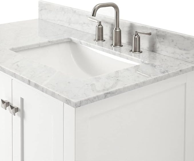 ARIEL Cambridge 36-inch Bathroom Vanity with Sink,Solid Wood, 0.75-inch Italian Carrara Marble Countertop, Single Rectangular Porcelain Sink, 2 Soft Closing Doors, 5 Dovetail Drawers, White