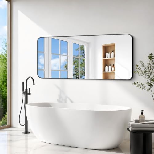 BONEWEI 66x30 inch Large Bathroom Mirror,Black Rectangle Mirror,Wall Mounted Bathroom Frame Vanity Mirror with Round Corner for Bedroom Living Room, Entryway Hangs Horizontal or Vertical