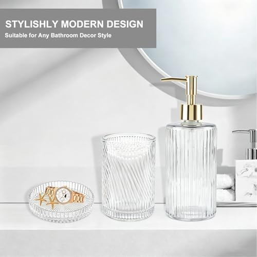 Clear Glass Bathroom Accessories Set,Soap Dispenser,Toothbrush Holder,Tray