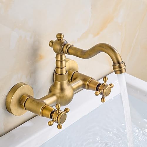Antique Brass Bathroom Faucet & Kitchen Mixer Tap 180° Swivel Wall-Mounted Sink with Double Handles Elegant Design for Modern and Vintage Decor