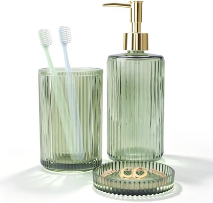 Green Glass Bathroom Accessories Set,Soap Dispenser,Toothbrush Holder,Tray