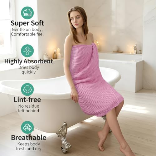 Microfiber Waffle Bath Towels, 4 Pieces, Soft, Absorbent, Fast Drying, Lint Free 430 GSM (27''x55''/68.58 cm x139.7 cm) (Gray+Pink)