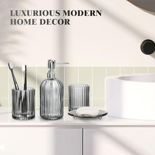 Bathroom Accessories Set, 4Pcs Black Grey Glass Bathroom Accessories Sets Complete Lotion Soap Dispenser, Toothbrush Holder, Mouthwash Cup, Soap Dish for Bathroom Decor, Countertop Organizer