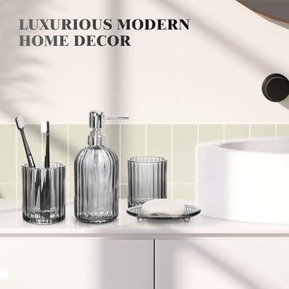 Bathroom Accessories Set, 4Pcs Black Grey Glass Bathroom Accessories Sets Complete Lotion Soap Dispenser, Toothbrush Holder, Mouthwash Cup, Soap Dish for Bathroom Decor, Countertop Organizer