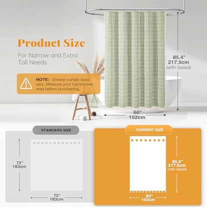 BTTN 60x84 Boho Farmhouse Linen Heavy Duty Shower Curtain Set, Sage Green