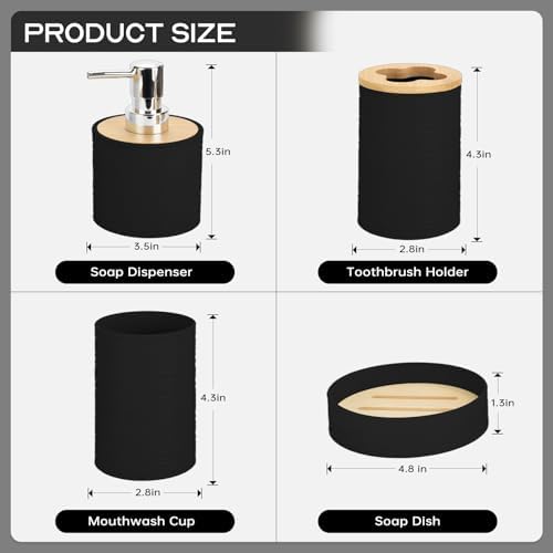 RRM Bamboo Bathroom Accessories Set 4 Pcs, Boho Bathroom Decor, Black