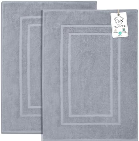 Feather & Stitch 2 Piece Towel Like Bath Mats (30x21 Inch) 100% Cotton Terry Bath Mats, Bathroom Shower Floor Mats [NOT A Bathroom Rug], Soft Absorbent Washable Mats - Grey