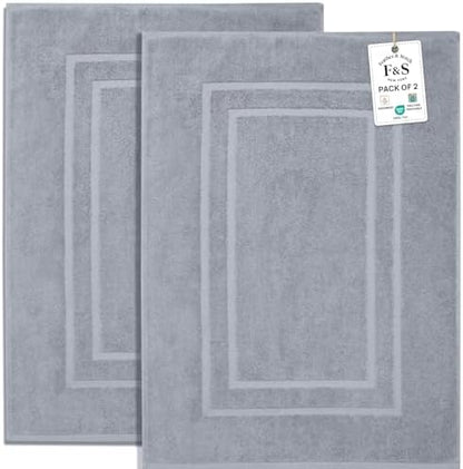 Feather & Stitch 2 Piece Towel Like Bath Mats (30x21 Inch) 100% Cotton Terry Bath Mats, Bathroom Shower Floor Mats [NOT A Bathroom Rug], Soft Absorbent Washable Mats - Grey