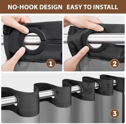 FADOTY No Hook Shower Curtain Snap in Liner Set with Black Butterfly Design
