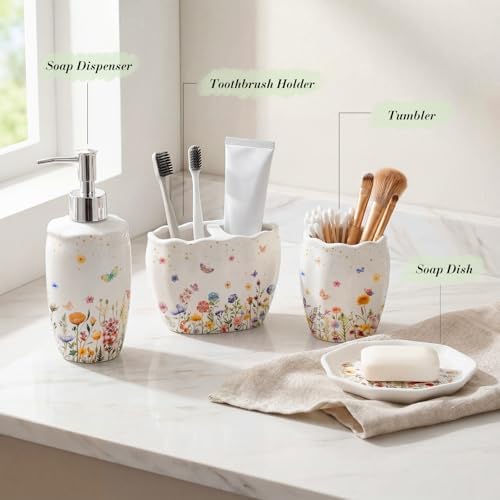 Newtay Ceramic Bathroom Accessories Set of 4, Wildflower Meadow Floral Decor with Butterflies & Gold Speckles, Soap Dispenser Pump, Toothbrush Holder, Tumbler Cup & Soap Dish for Countertop Vanity
