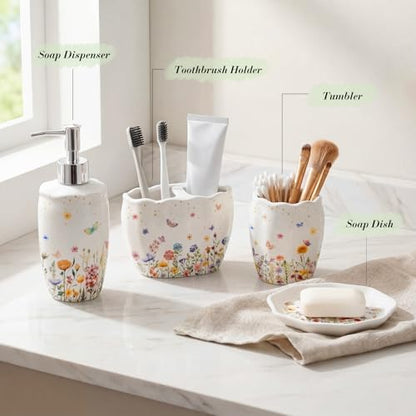 Newtay Ceramic Bathroom Accessories Set of 4, Wildflower Meadow Floral Decor with Butterflies & Gold Speckles, Soap Dispenser Pump, Toothbrush Holder, Tumbler Cup & Soap Dish for Countertop Vanity