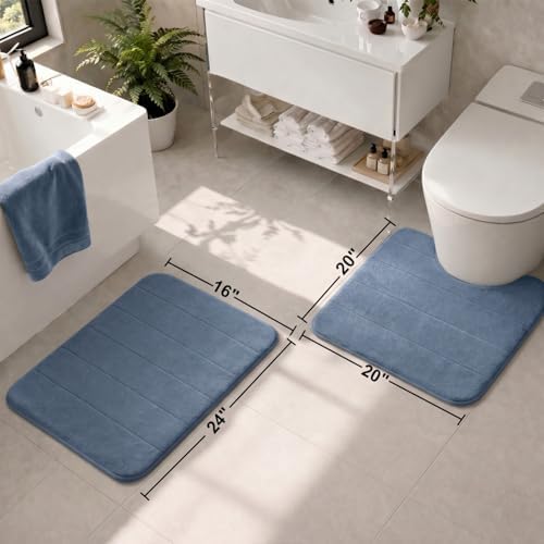 2 Piece Memory Foam Bath Mat Set, Extra Soft Absorbent Bathroom Rugs with U-Shaped Toilet Rug, Non-Slip Backing, Machine Washable, 24x16 + 20x20 U-Shaped, Dusty Blue