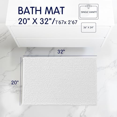 SUBRTEX Bathroom Rugs Chenille Bath Rug Soft Short Plush Bath Mat Soft Shower Mat Water Absorbent Shower Mat Quick Dry Machine Washable (White, 20" x 32")