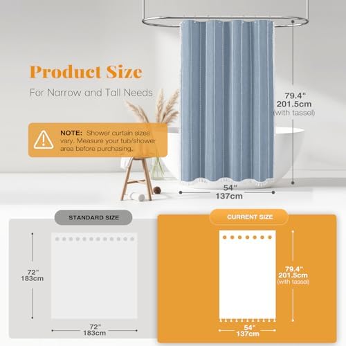 BTTN 54x78 Boho Farmhouse Linen Heavy Duty Cloth Shower Curtain Set, Blue