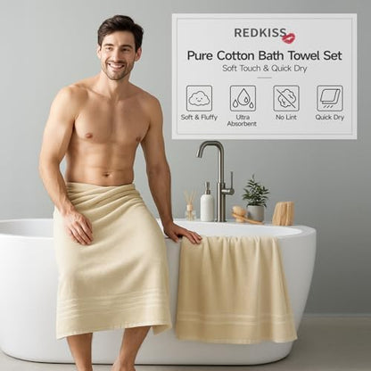 REDKISS Beige Towels Set 6 Piece Cotton Towel Sets with 2 Bath Towels, 2 Hand, 2 Washcloths, 650GSM Hotel Quality, Soft, Highly Absorbent Towels for Bathroom Gym, Ideal Everyday Use