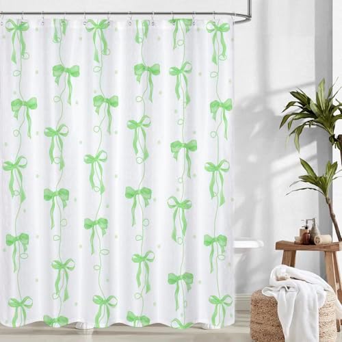 Bow Shower Curtain for Bathroom, Teen Girls Theme, Green, 72x72 Inches