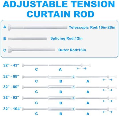 TEECK Shower Curtain Rod, 32-43 inch Adjustable Spring Tension Curtain Rod, Never Rust Anti-Slip Shower Curtain Rod for Bathroom, No Drilling, Never Collapse, Easy to Use, White