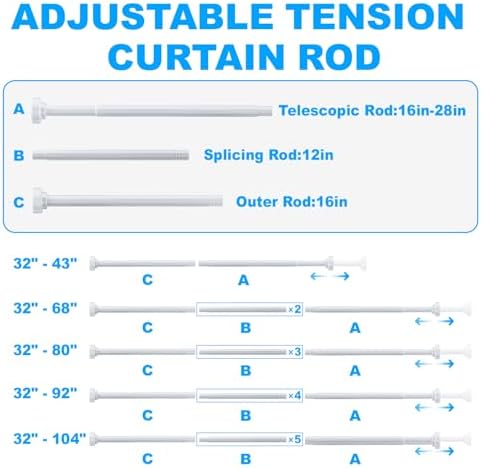 TEECK 2 Pack Shower Curtain Rod, 32-68 inch Adjustable Spring Tension Curtain Rod, Never Rust Anti-Slip Shower Curtain Rod for Bathroom, No Drilling, Never Collapse, Easy to Use, White