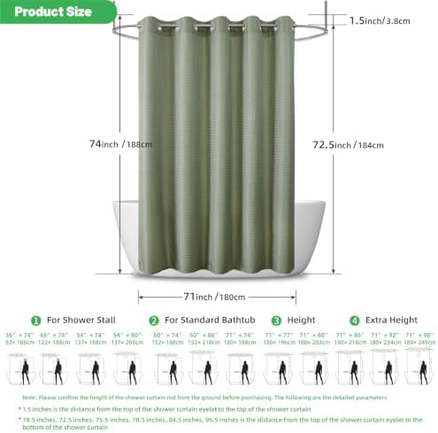 No Hook Waffle Shower Curtain, No Liner Needed, 71x74 Inch, Sage Green